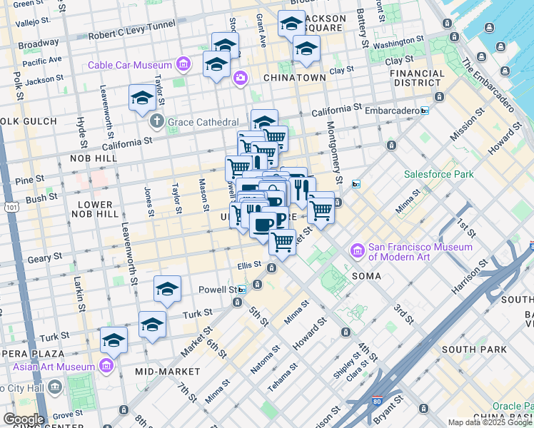 map of restaurants, bars, coffee shops, grocery stores, and more near 39 Grant Avenue in San Francisco