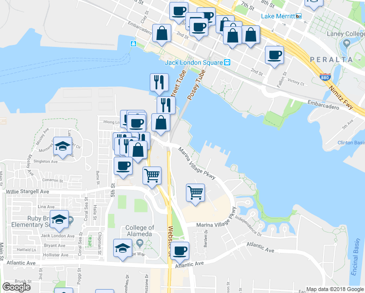 map of restaurants, bars, coffee shops, grocery stores, and more near 1390 Marina Village Parkway in Alameda