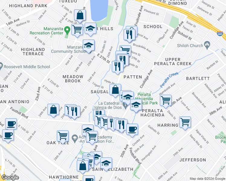 map of restaurants, bars, coffee shops, grocery stores, and more near 3060 Logan Street in Oakland