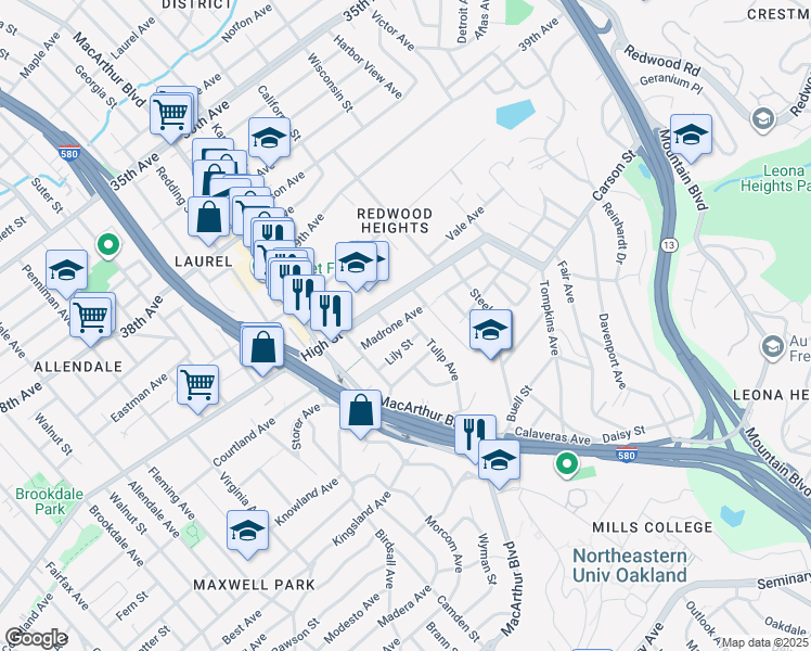 map of restaurants, bars, coffee shops, grocery stores, and more near 3716 Madrone Avenue in Oakland