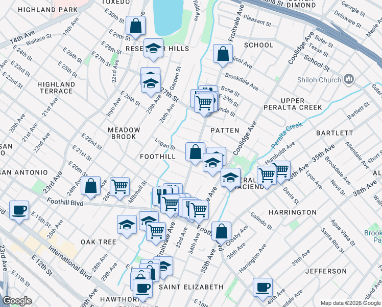 map of restaurants, bars, coffee shops, grocery stores, and more near 3060 Logan Street in Oakland