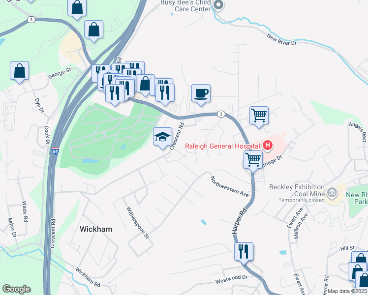 map of restaurants, bars, coffee shops, grocery stores, and more near 111 West Hendricks Street in Beckley