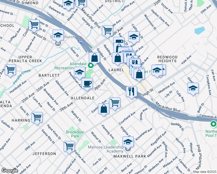 map of restaurants, bars, coffee shops, grocery stores, and more near 4012 Suter Street in Oakland
