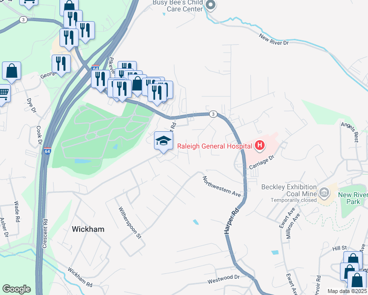 map of restaurants, bars, coffee shops, grocery stores, and more near 111 West Hendricks Street in Beckley