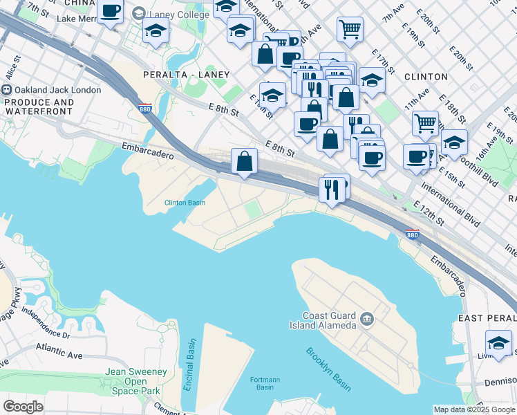 map of restaurants, bars, coffee shops, grocery stores, and more near 89 Clinton Lane in Oakland
