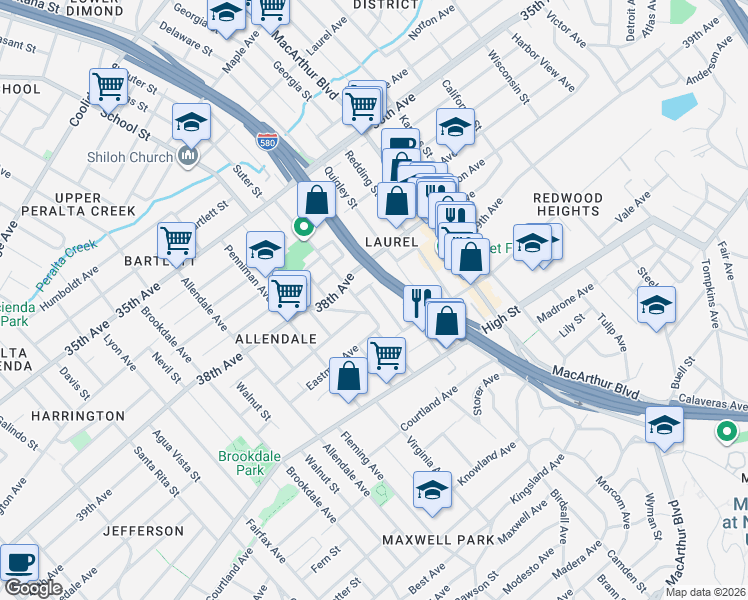 map of restaurants, bars, coffee shops, grocery stores, and more near 4012 Suter Street in Oakland
