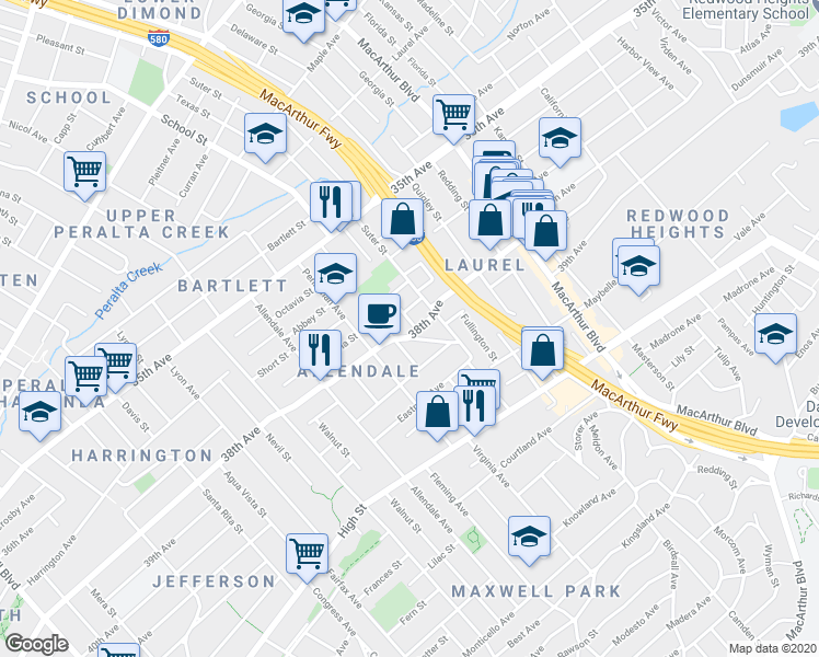 map of restaurants, bars, coffee shops, grocery stores, and more near 6 38th Avenue in Oakland
