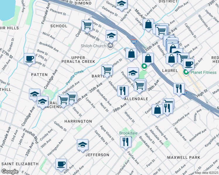 map of restaurants, bars, coffee shops, grocery stores, and more near 2727 Abbey Street in Oakland