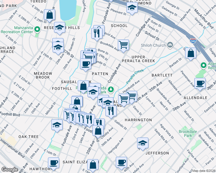map of restaurants, bars, coffee shops, grocery stores, and more near 2537 34th Avenue in Oakland