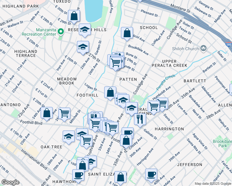 map of restaurants, bars, coffee shops, grocery stores, and more near 3235 Hyde Street in Oakland
