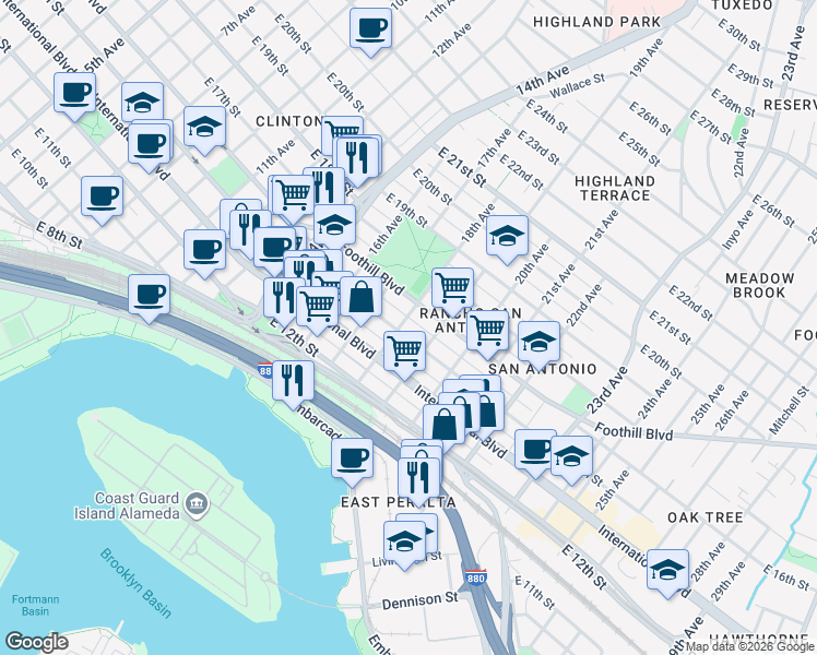 map of restaurants, bars, coffee shops, grocery stores, and more near 1802 East 15th Street in Oakland