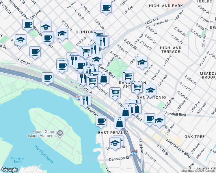 map of restaurants, bars, coffee shops, grocery stores, and more near 1460 17th Avenue in Oakland