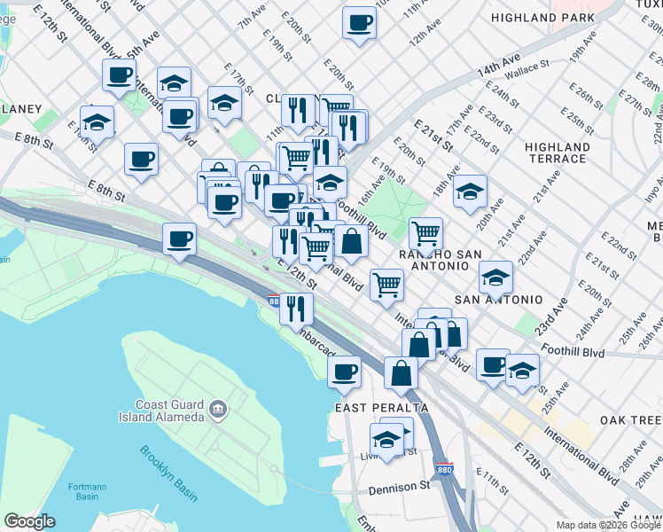 map of restaurants, bars, coffee shops, grocery stores, and more near 1613 International Boulevard in Oakland