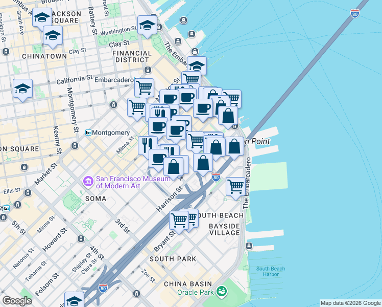 map of restaurants, bars, coffee shops, grocery stores, and more near 338 Beale Street in San Francisco