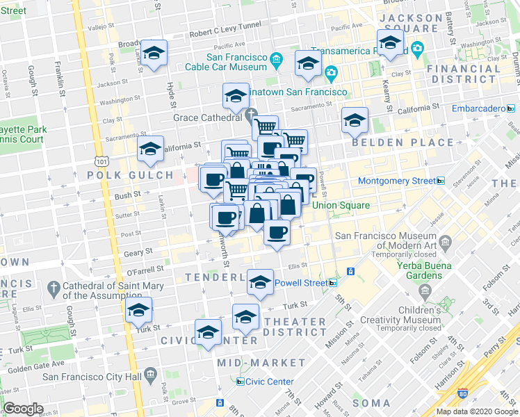 map of restaurants, bars, coffee shops, grocery stores, and more near 628 Post Street in San Francisco