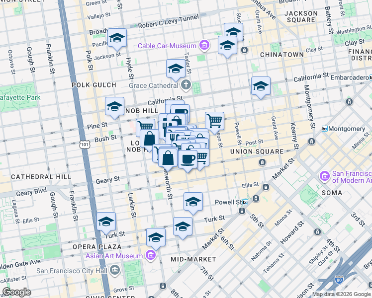 map of restaurants, bars, coffee shops, grocery stores, and more near in San Francisco