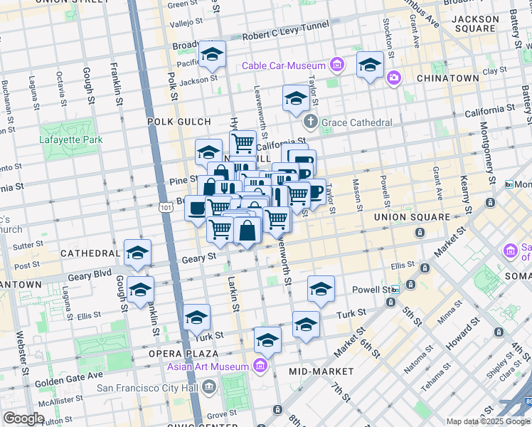 map of restaurants, bars, coffee shops, grocery stores, and more near in San Francisco