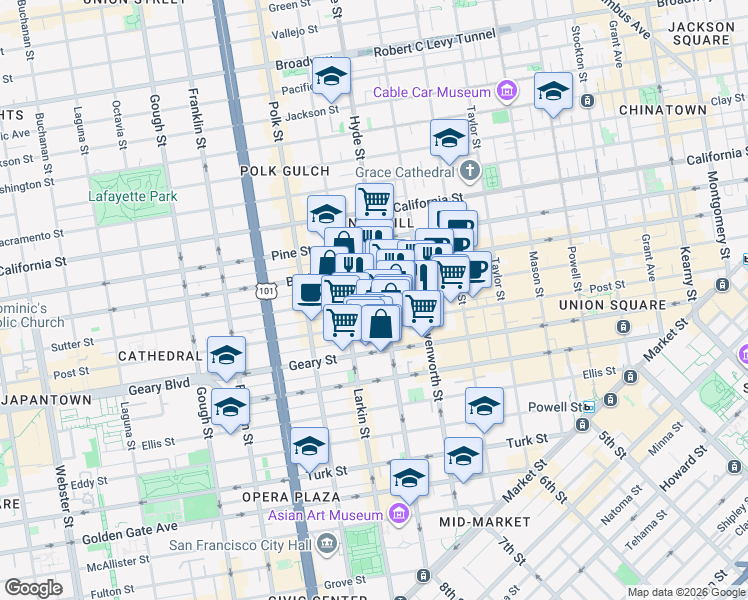 map of restaurants, bars, coffee shops, grocery stores, and more near in San Francisco