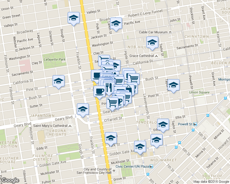 map of restaurants, bars, coffee shops, grocery stores, and more near 1234 Polk Street in San Francisco