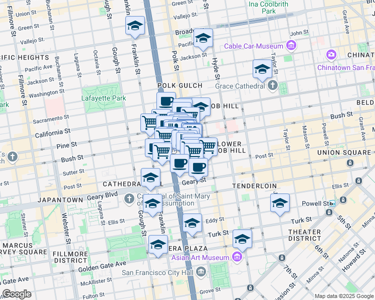 map of restaurants, bars, coffee shops, grocery stores, and more near 1295 Sutter Street in San Francisco