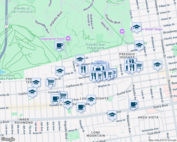 map of restaurants, bars, coffee shops, grocery stores, and more near 305 Spruce Street in San Francisco