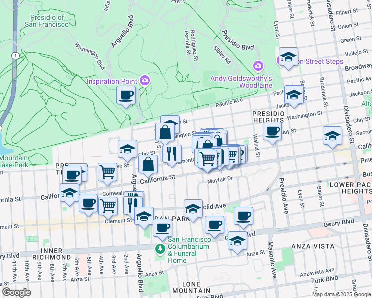 map of restaurants, bars, coffee shops, grocery stores, and more near 3807 Clay Street in San Francisco