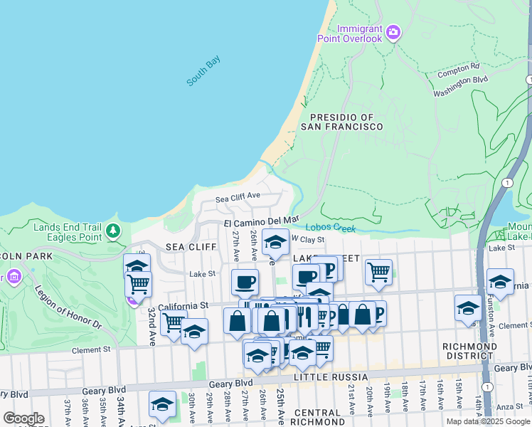 map of restaurants, bars, coffee shops, grocery stores, and more near 81 25th Avenue in San Francisco