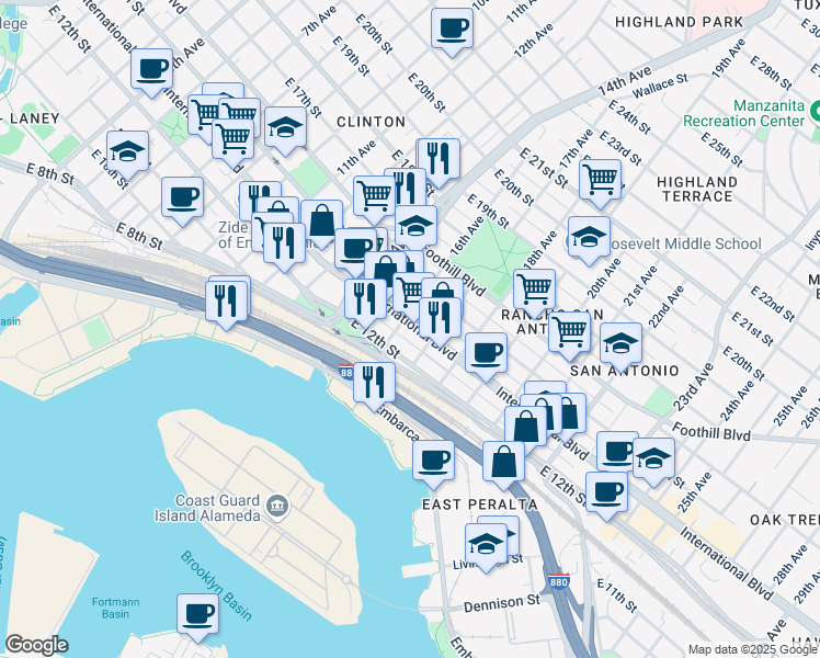 map of restaurants, bars, coffee shops, grocery stores, and more near 1613 International Boulevard in Oakland