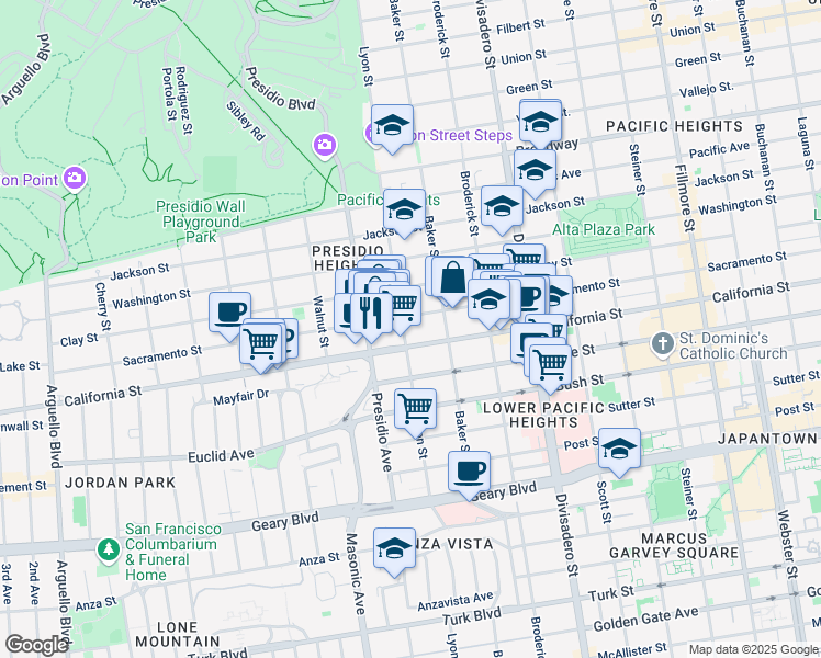 map of restaurants, bars, coffee shops, grocery stores, and more near 1814 Lyon Street in San Francisco