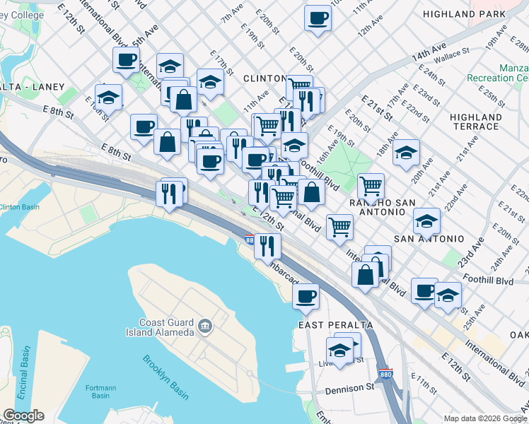 map of restaurants, bars, coffee shops, grocery stores, and more near 1516 East 12th Street in Oakland