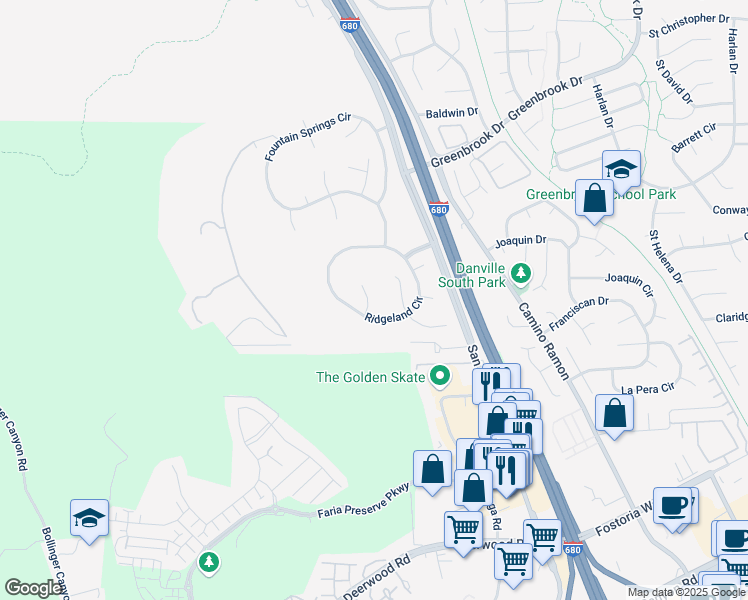 map of restaurants, bars, coffee shops, grocery stores, and more near 1851 Mockingbird Place in Danville