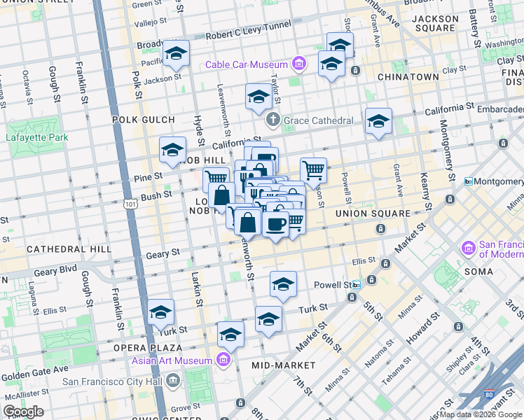 map of restaurants, bars, coffee shops, grocery stores, and more near 700 Jones Street in San Francisco