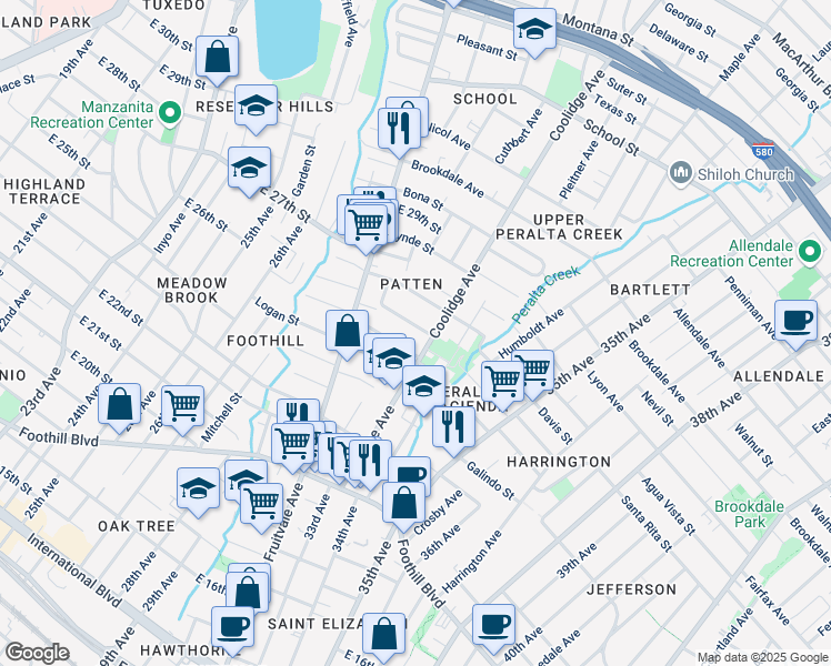 map of restaurants, bars, coffee shops, grocery stores, and more near 3271 Prentiss Street in Oakland
