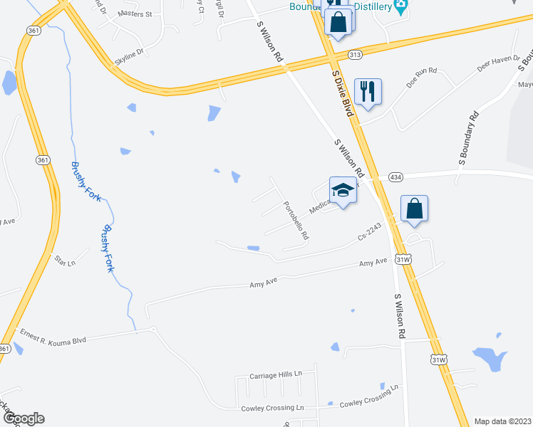 map of restaurants, bars, coffee shops, grocery stores, and more near 136 Longsbale Drive in Radcliff