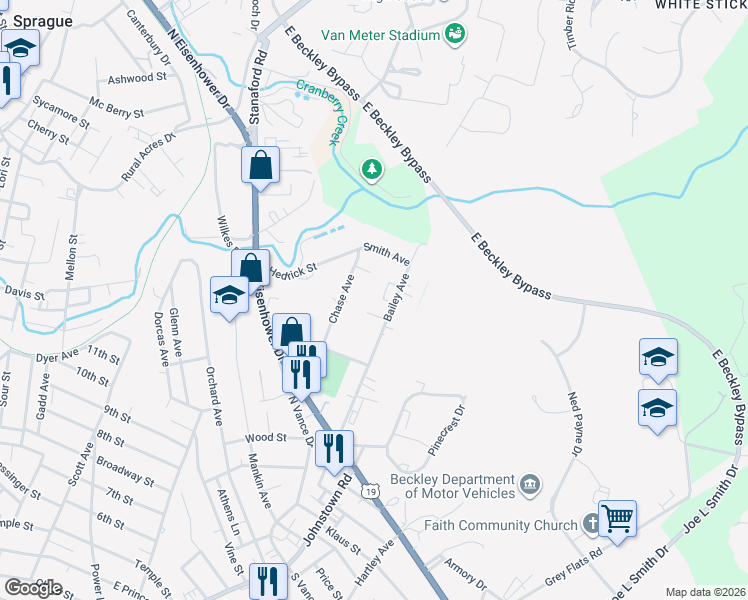 map of restaurants, bars, coffee shops, grocery stores, and more near 151 Chase Avenue in Beckley