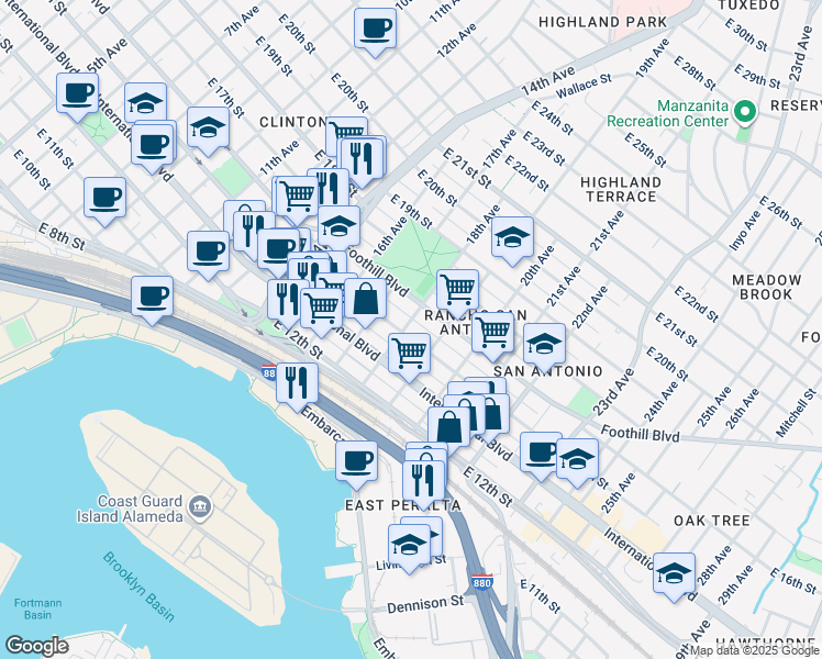 map of restaurants, bars, coffee shops, grocery stores, and more near 1802 East 15th Street in Oakland