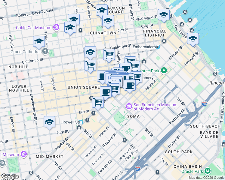 map of restaurants, bars, coffee shops, grocery stores, and more near 9 Kearny St in San Francisco