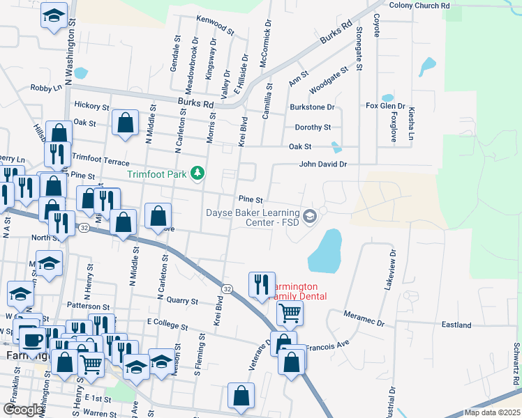 map of restaurants, bars, coffee shops, grocery stores, and more near 520 Pine Street in Farmington
