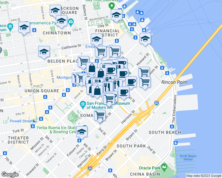 map of restaurants, bars, coffee shops, grocery stores, and more near 524 Howard Street in San Francisco
