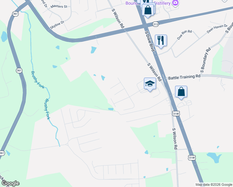 map of restaurants, bars, coffee shops, grocery stores, and more near 132 Longsbale Drive in Radcliff