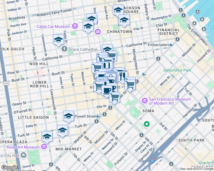 map of restaurants, bars, coffee shops, grocery stores, and more near 240 Stockton Street in San Francisco