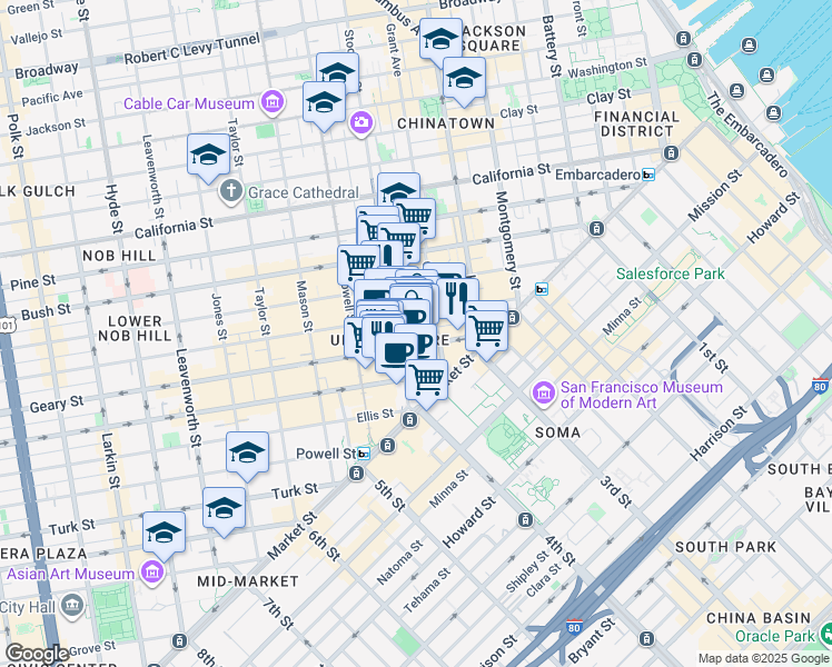map of restaurants, bars, coffee shops, grocery stores, and more near 153 Maiden Lane in San Francisco