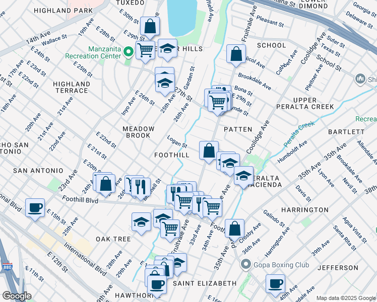 map of restaurants, bars, coffee shops, grocery stores, and more near 3019 Logan Street in Oakland