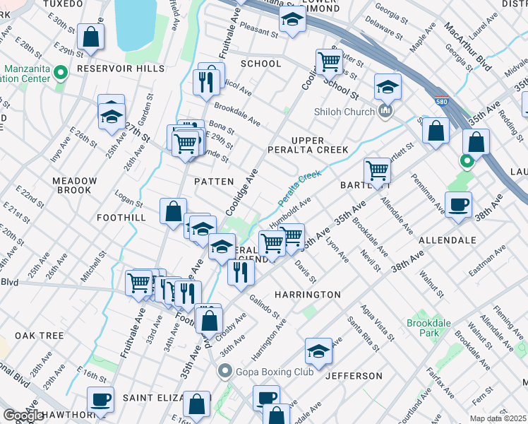 map of restaurants, bars, coffee shops, grocery stores, and more near 3428 Davis Street in Oakland