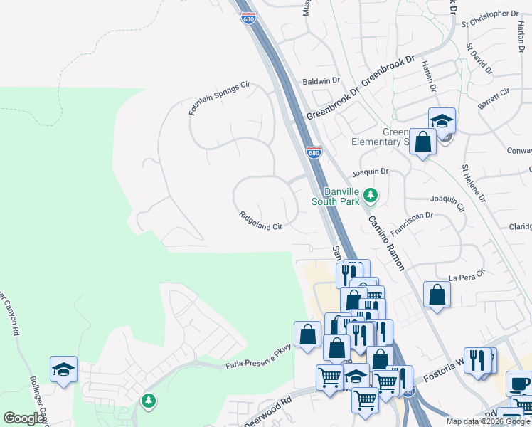 map of restaurants, bars, coffee shops, grocery stores, and more near 1851 Mockingbird Place in Danville