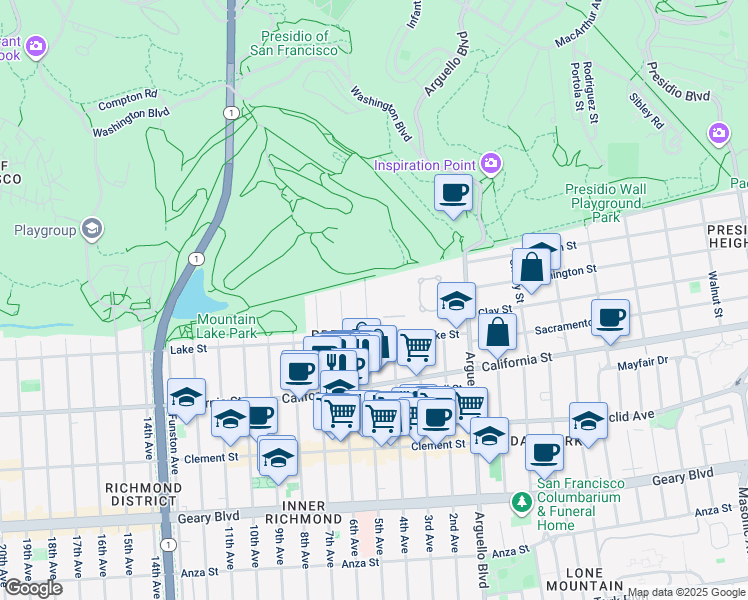 map of restaurants, bars, coffee shops, grocery stores, and more near 32 5th Avenue in San Francisco