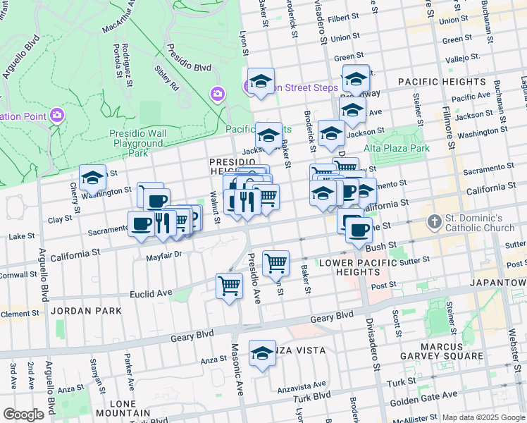 map of restaurants, bars, coffee shops, grocery stores, and more near 1819 Lyon Street in San Francisco