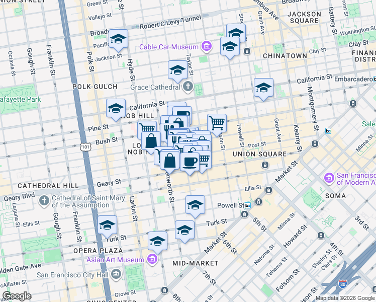 map of restaurants, bars, coffee shops, grocery stores, and more near in San Francisco