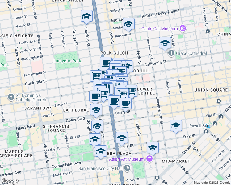map of restaurants, bars, coffee shops, grocery stores, and more near 1238 Sutter Street in San Francisco