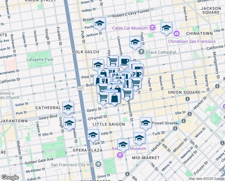 map of restaurants, bars, coffee shops, grocery stores, and more near 1025 Sutter Street in San Francisco